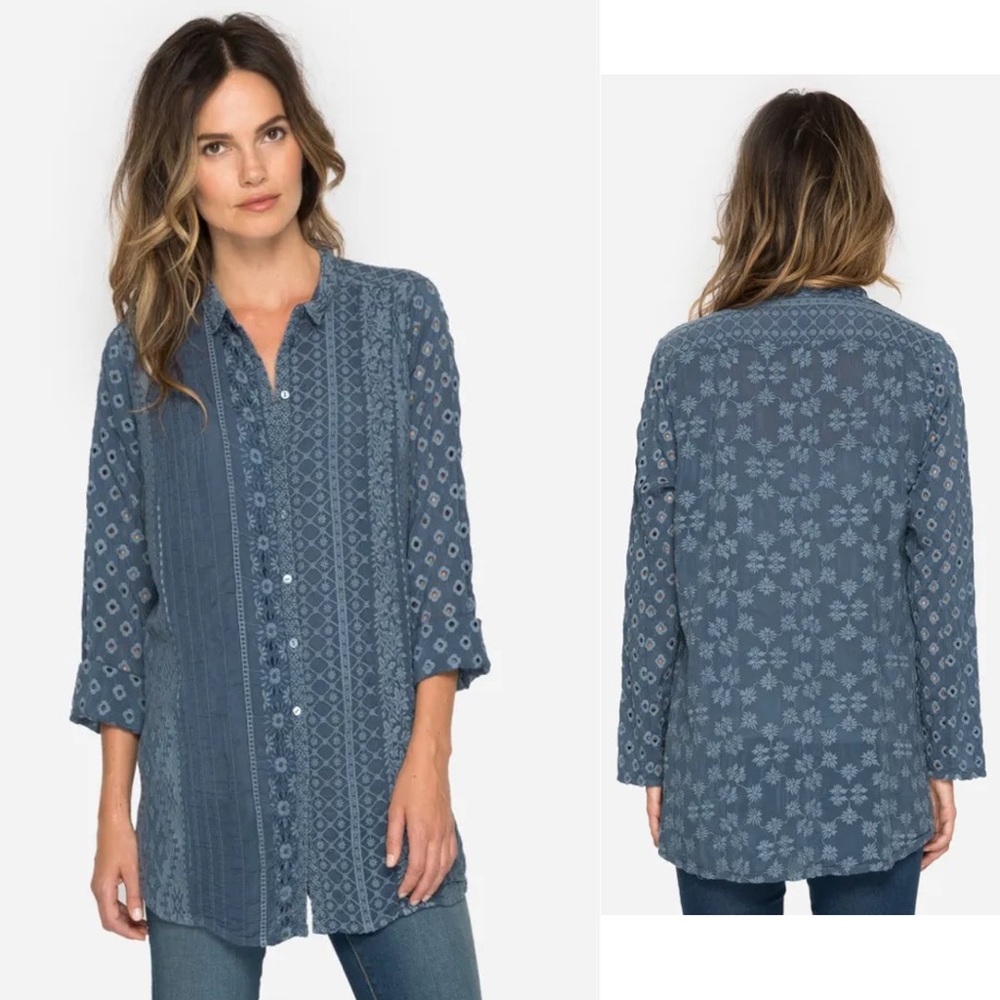 Johnny Was Patule Blue Embroidered Button-Up Eyelet Sleeve Tunic Top Size‎ XS